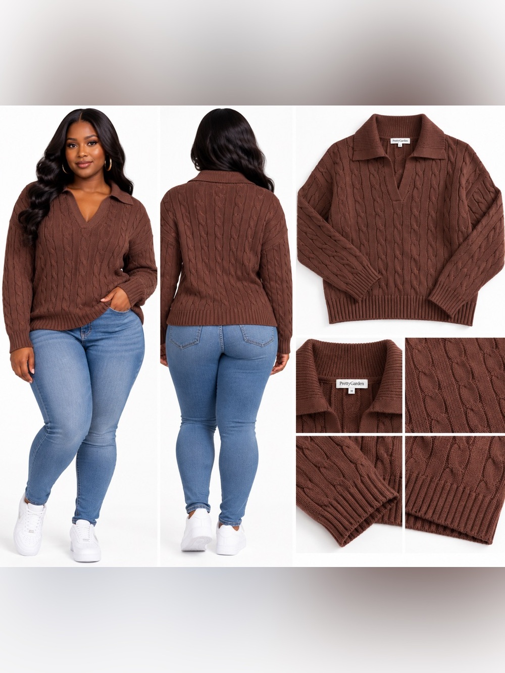 Cable-Knit V-Neck Sweater with Collar - Brown